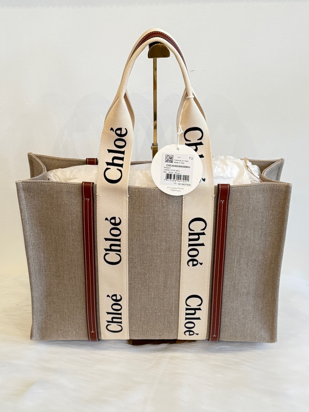 Chloé Two-Tone Linen Canvas Tote White & Brown